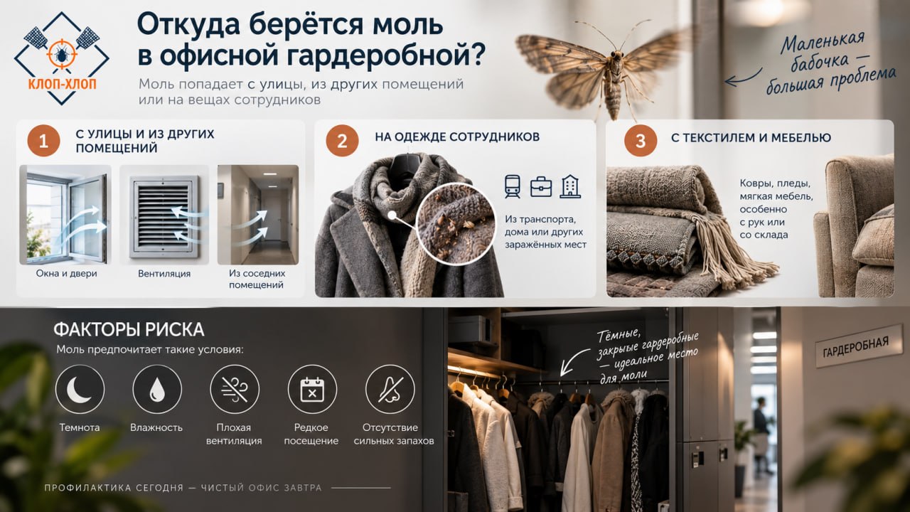 Почему моль появляется в офисной гардеробной: источники заражения и факторы риска